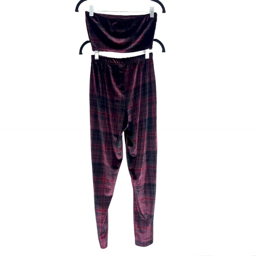 Nasty Gal Womens Pants Top Set Plaid About You Maroon Co Ord Velvet Velour Sz 4 - Picture 3 of 11